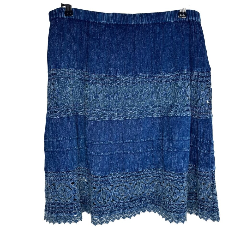 Studio West Sz XL Blue Lace Western Cottagecore Boho Skirt Stretchy‎ Lined